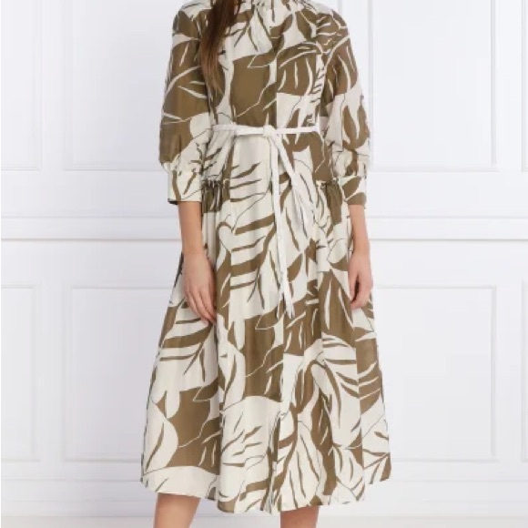 NWT Marella Spring 2024 Patterned Dress Long Tie Waist Olive - Picture 4 of 8